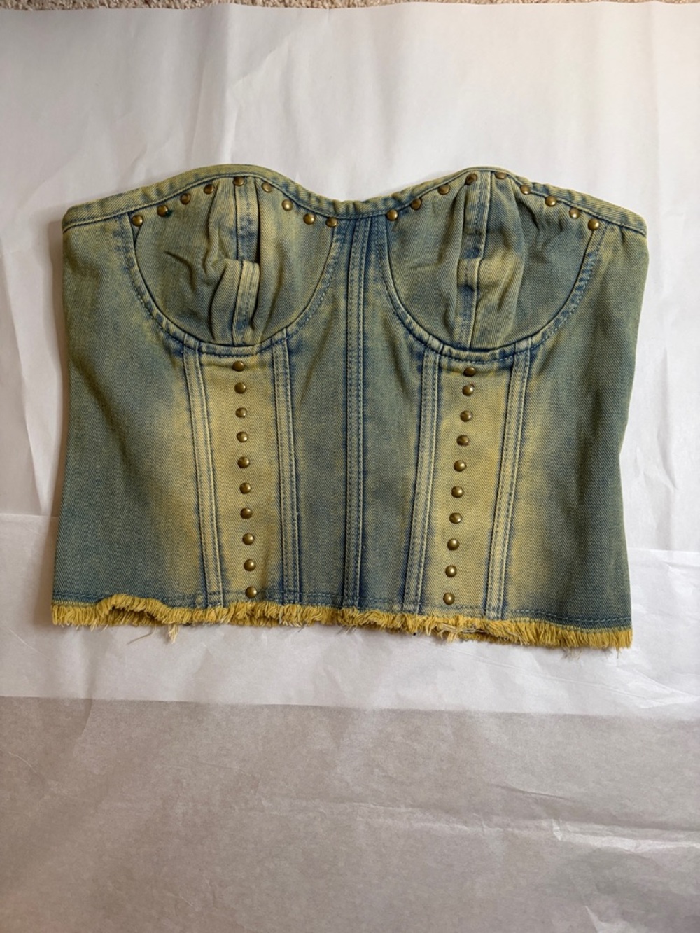 PrettyLittleThing Yellow Washed Denim Studded Corset Bodysuit